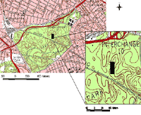 A topographical view of the 50 × 100-meter study plot positioned within the 29-hectare Northern Woods of Forest Park amidst the surrounding urban communities.