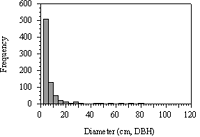 Frequency distribution of all tree diameters within the 0.5-hectare plot in Forest Park (n=771). Tree diameters ranged from 2.0 to 116.7 cm, DBH (Weibull fit, w2=9.376; p<0.01).