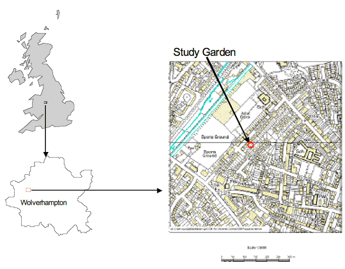 Figure 1: Location of the study garden within Wolverhampton, West Midlands, U.K. (© Crown Copyright/Database Right 2007. An Ordnance Survey/EDINA supplied service).