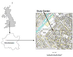 Location of the study garden within Wolverhampton, West Midlands, U.K. (© Crown Copyright/Database Right 2007. An Ordnance Survey/EDINA supplied service).