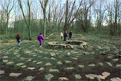 The Turtle Peace Labyrinth was constructed from concrete debris found on-site at the Teaneck Creek Conservancy. To create the labyrinth pathway, volunteers relocated the pieces of rubble by hand from their original location on the banks of the creek to the site of a former ball field (photo courtesy of Richard K. Mills).