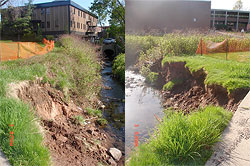 Erosion downstream from discharge pipe at Thomas Jefferson Middle School.