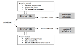 The effect of an individual's surroundings on his or her attitude and the consequences for work efficiency. The diagram shows that negative stimuli result in a negative attitude or lack of spirituality, and positive stimuli result in a positive attitude or heightened spirituality.