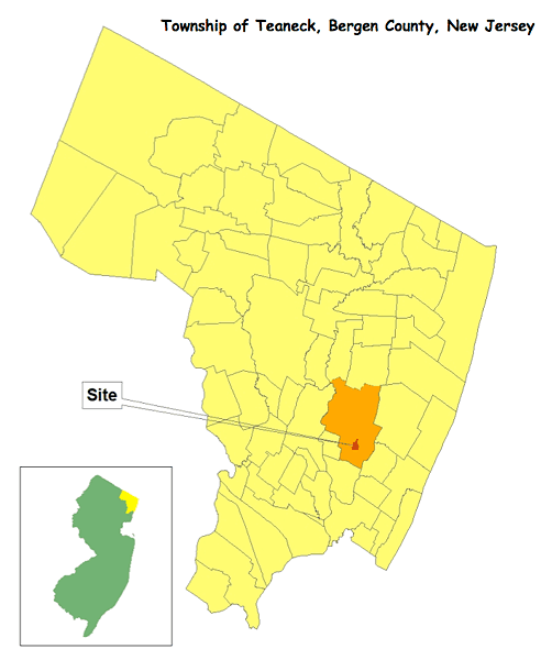 A map of New Jersey showing the location of the Teaneck Creek Conservancy restoration site.