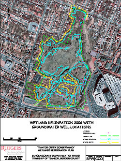 Teaneck Creek Conservancy site map showing the wetland delineation completed in 2006. Circles indicate location of shallow groundwater wells and soil sampling locations.