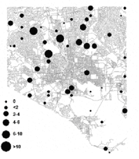 Figure 1: Variation in abundance of rock pigeon at bird census points in Baltimore. Sizes of circles represent the mean number of individuals detected over three point counts, May through June 2002.