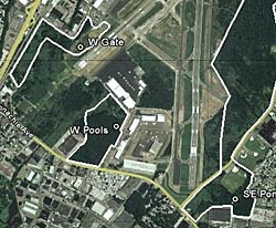 Figure 2. Map of Teterboro Airport study area in the Hackensack Meadowlands, New Jersey. White polygons delimit suitable habitat surveyed for calling frogs. Points indicate locations where frogs were heard.