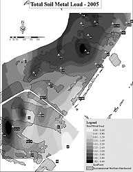 Figure 1: Total soil-metal load (TML). All sampling sites were used to block-krig the original soil-metal data and create the TML map.
